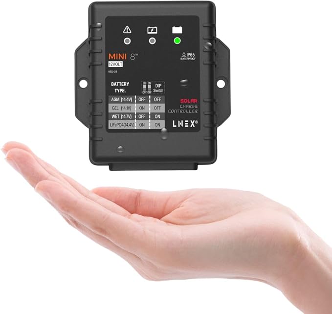 LNEX Solar Charge Controller Waterproof 8A, 12V Mini Solar Panel Battery Intelligent Regulator with LED Indicator for LiFePO4,AGM, Gel, Flooded and Lithium Battery