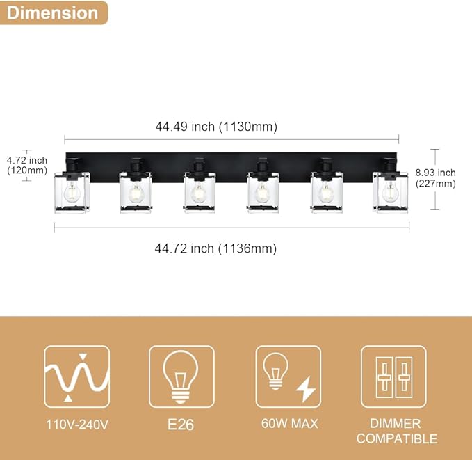 WINSHEN 6-Light Bathroom Light Fixture Black Finish, Modern Vanity Lighting with Rectangular Clear Glass for Over Mirror Kitchen E26 Bulb Base
