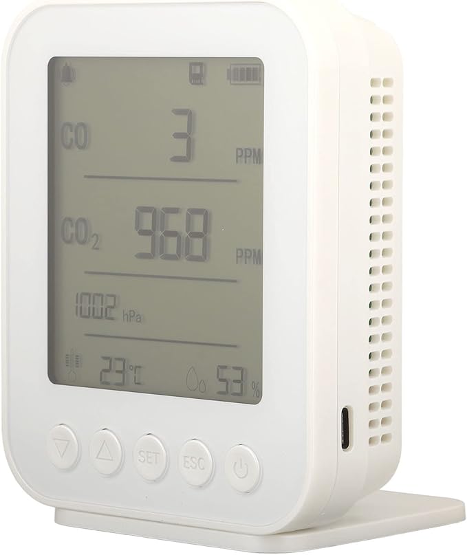 Torvex CO2 Monitor, Air Quality Meter with LCD Humidity Temperature Pressure Sensor, Indoor CO2 Detector 7 in 1 5V White Desktop Unit for Home Office Environment Monitoring