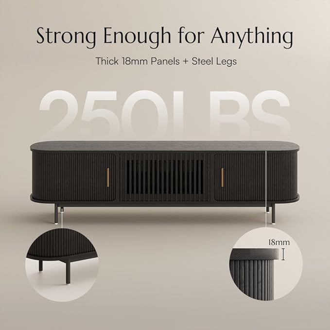 POVISON Sliding Tambour Door TV Stand, Mid Century Modern Sintered Stone TV Console, Wood Media Console for 85 Inch TV, Entertainment Center with Storage Cabinet, Fully-Assembled (Black, 94.49")