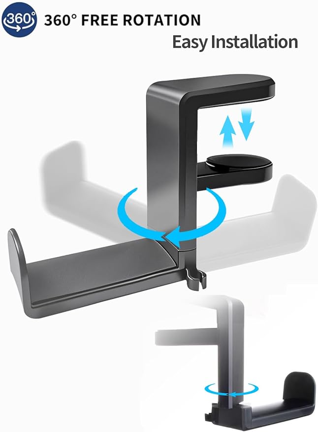 STEARBOR Headphone Hook，Under Desk Headphone Holder，PC Gaming Headset Holder，with 360 Degree Swivel & Cable Clip Organizer (Black)