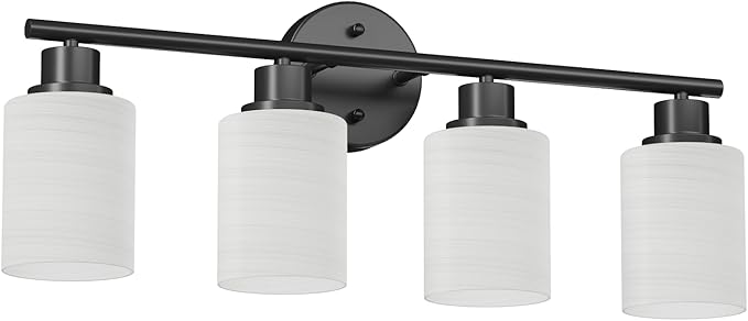 Guliaofo 4-Light Bathroom Light Fixtures, Black Vanity Lights for Mirror with Textured Milky White Glass Shade, Modern Kitchen Light Fixtures Wall Sconce Light - E26 Base