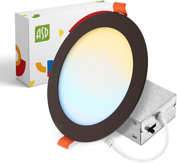 ASD 1 Pack LED Recessed Lighting 6 Inch 15W, 5 CCT 2700K-5000K CRI90+, IC Rated Ultra Thin Dimmable Ceiling Lights with J Box, Canless Wafer Downlight, Round Slim Panel Light, UL Energy Star, Bronze