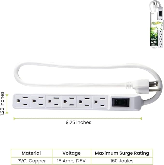 GoGreen Power Inc. (G-16103MIN-2) 6 Outlet Surge Protector, 2FT Cord, White, 2 Pack