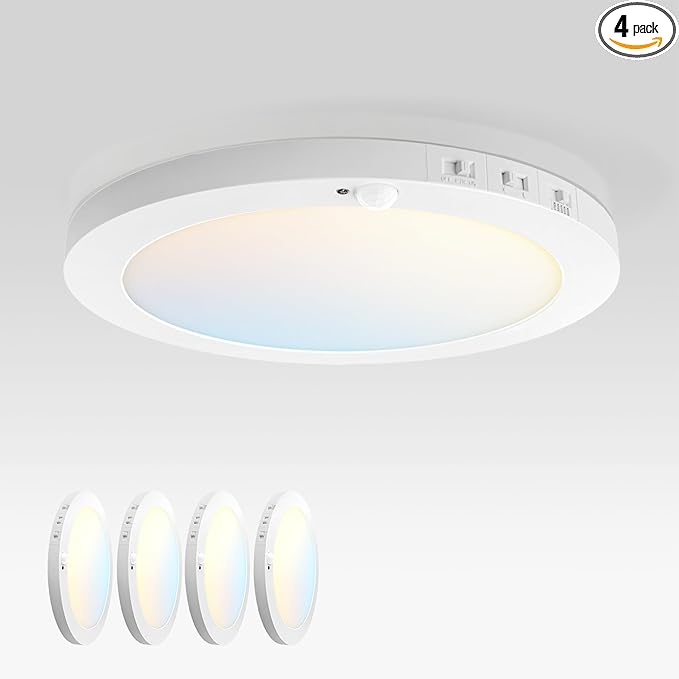 ASD LED 12" Round Flush Mount Ceiling Light Fixture, Low Profile Surface Lighting | 5CCT, Motion Sensored, Ultra-Thin, ETL Listed | 24W 1700LM 2700-6000K 120V | Kitchen, Hallway Lamp | White, 4 Pack