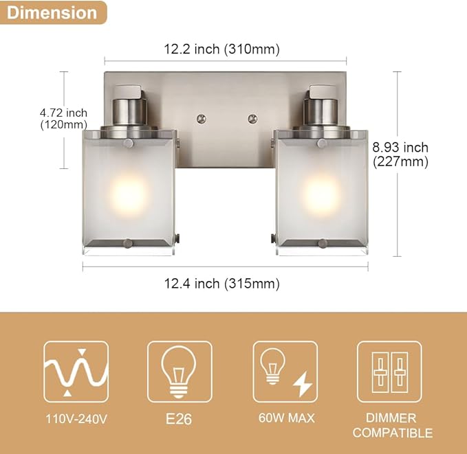 WINSHEN 2-Lights Wall Sconce Lighting, Brushed Nickel Bathroom Vanity Light Fixture with Rectangular Frosted Glass for Over Mirror, E26 Bulb Base
