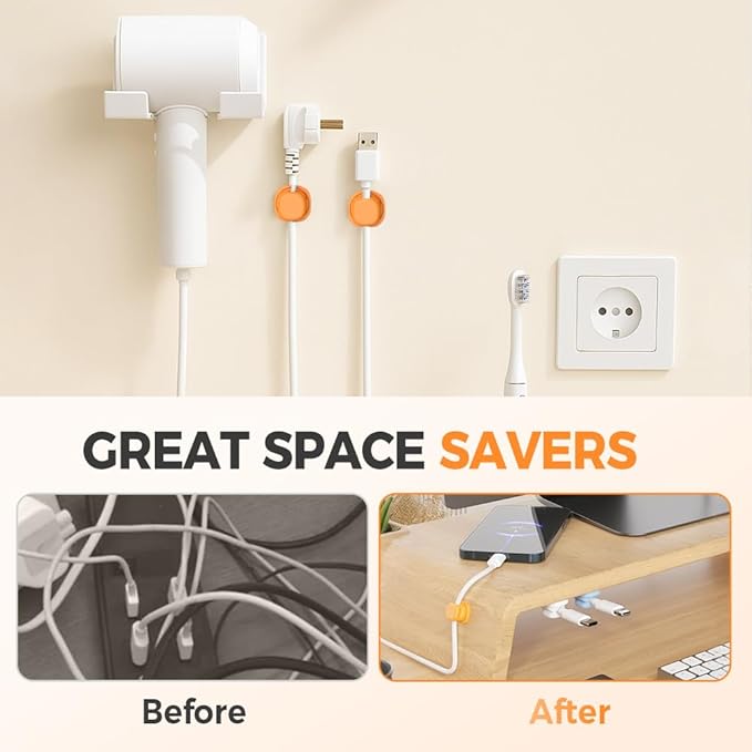 Magnetic Cord Organizer Holder, Upgrade Cord Holder for Nightstand, Adhesive Wire Cable Clips Management Kit for Phone Charger, Computer, Home, Office, Desk, Nightstand (White, 12 Packs)