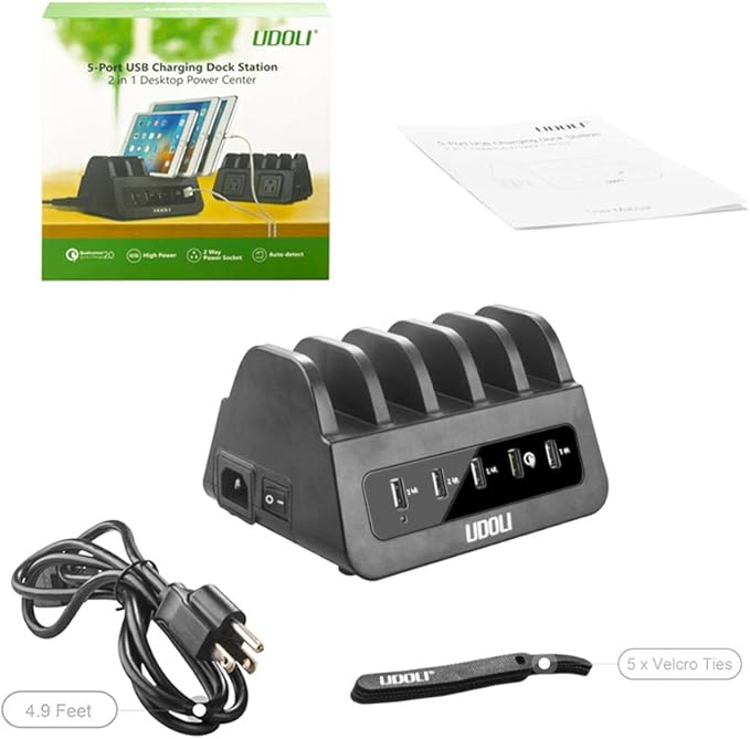 UDOLI 5 USB Ports Charging Station Organizer for Multiple Devices Fast Charging Desktop Stand for Apple Android Phone Tablet 1600W 2 AC Power Outlets Charger Dock for Home Office 3 Prong Cord Black