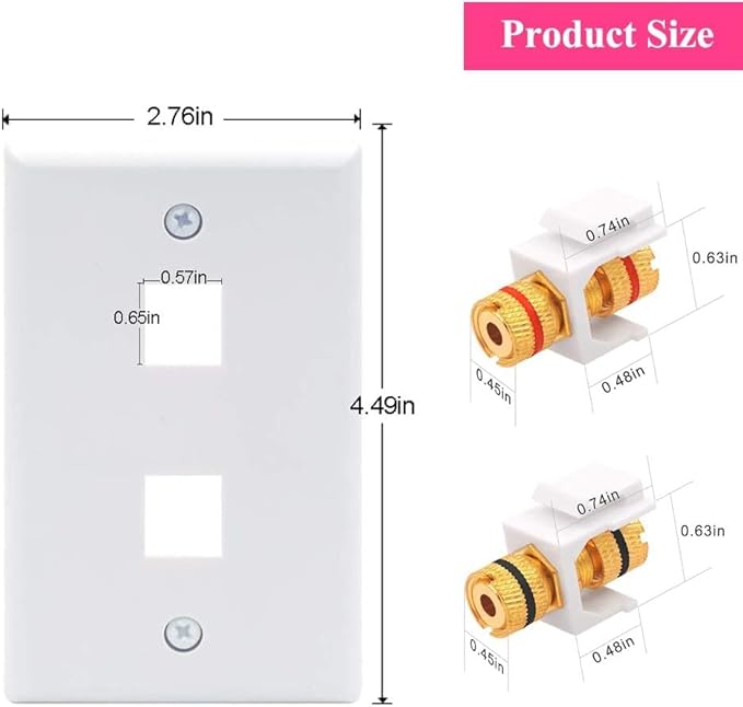 VCE UL-Listed Speaker Wall Plate Gold-Plated, 2-Port Keystone Wall Plate with Banana Jack Binding Post Keystone Jack Insert for Speakers, 2 Pack