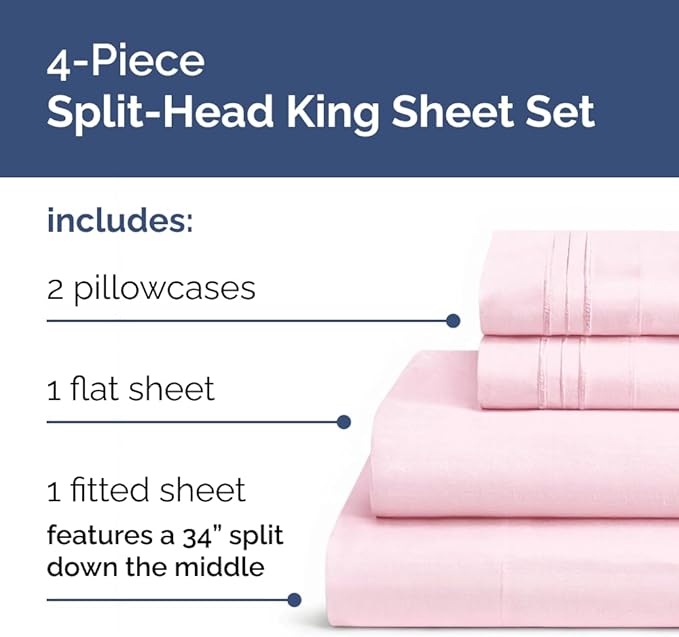Split Head King Sheet Set – 4 Piece Flex Split Top King Sheets for Adjustable Beds - Fits 14” to 16" Mattress w/ Deep Pockets - Soft, Breathable & Cooling - Luxury Bedding & Wrinkle Free - Light Pink