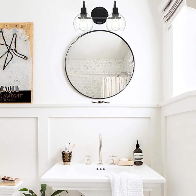 WINSHEN Black 2-Lights Wall Sconce Lighting with Seeded Glass Lampshades Industrial Bathroom Vanity Light Fixtures for Hallway Kitchen Bedroom