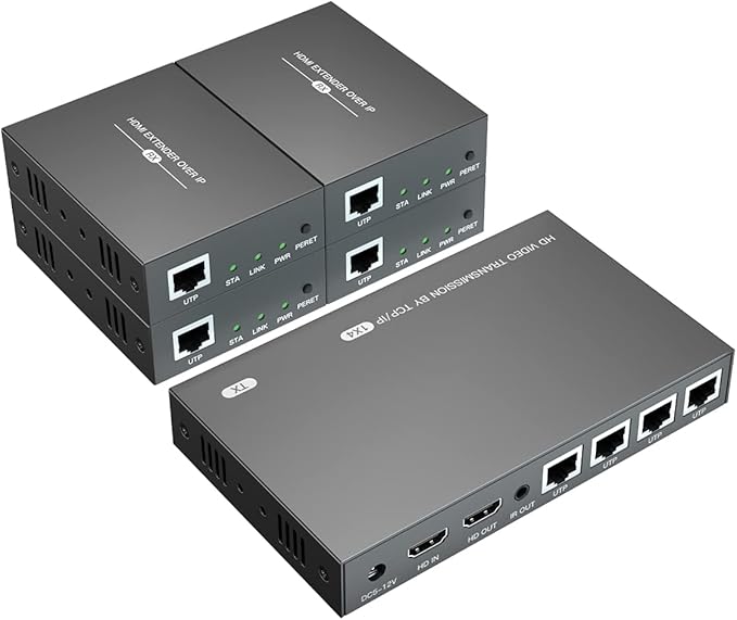 150m HDMI Splitter Extender 1x4 Transmit Remote 1080P Audio Video Over Cat5e/6 Ethernet Mirror 4 Screens Support Loopout Remote 1 in 4 Out for TV