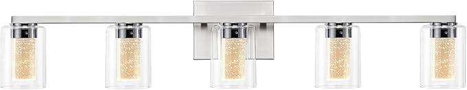 SADENICEL 5 Light Bathroom Light Fixtures, Brushed Nickel Vanity Lights Crystal Dimmable LED White/Neutral/Warm Bathroom Lights Over Mirror for Bathroom, Bedroom,Living Room (5 Light)