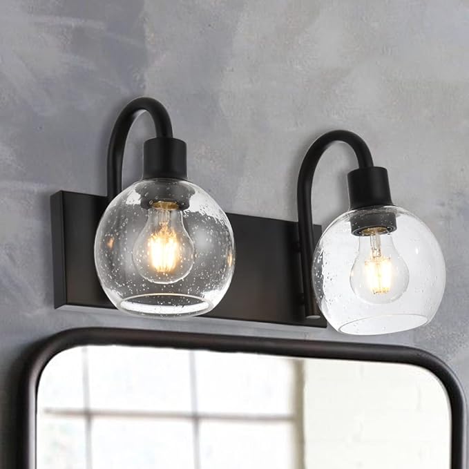 WINSHEN Bathroom Vanity Light with Globe Seeded Glass 2-Lights Industrial Black Wall Sconce Lighting for Foyer Hallway
