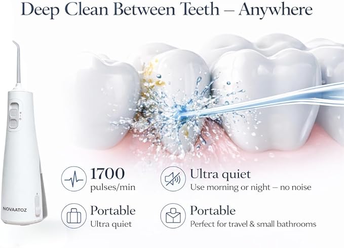 NOVAATOZ HydroAdvance Cordless Water Flosser for Teeth & Gums | Rechargeable Portable Oral Irrigator for Braces & Travel | Pulse Cleaning with 2 Flossing Tips | Waterproof Dental Care Device (White)