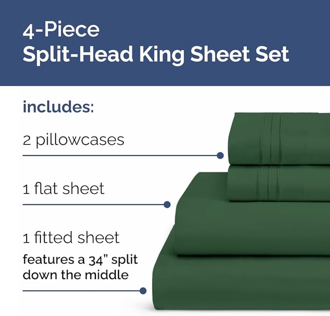 Split Head King Sheet Set – 4 Piece Flex Split Top King Sheets for Adjustable Beds - Fits 14” to 16" Mattress w/ Deep Pockets - Breathable & Cooling - Luxury Bedding and Wrinkle Free - Emerald Green