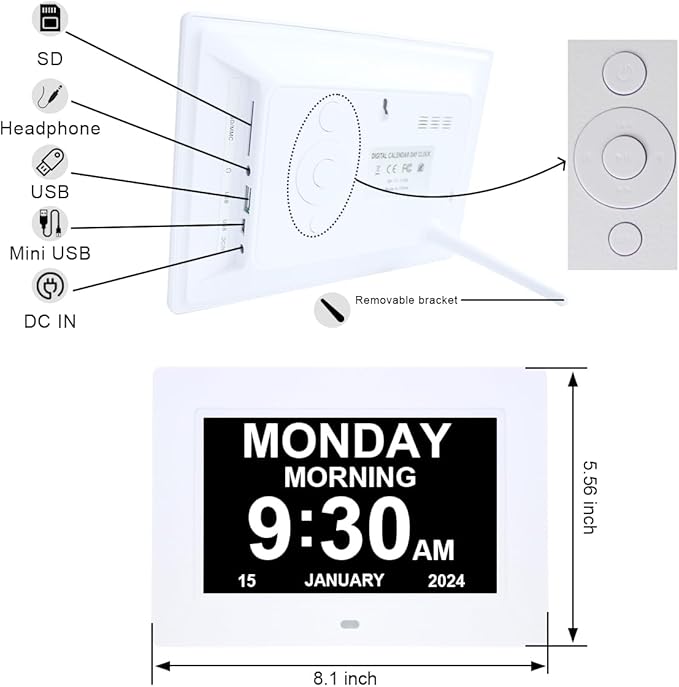 ybest 7 Inch Extra Large Day Date Time Digital Day Calendar Clocks with Auto-Dimming 12 Alarm Reminders Dementia Clock for Senior Elderly impaired Vision Memory Loss