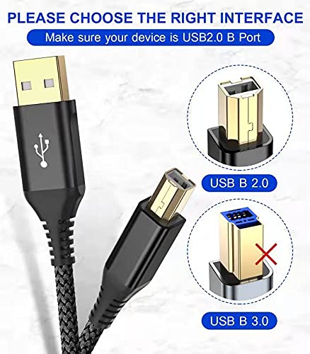 sweguard 20ft USB 2.0 USB-A to USB-B Cable - High Speed Nylon Braided Scanner/Printer Cord for HP, Canon, Dell, Epson, Brother, Lexmark, Xerox, Samsung & More - Black