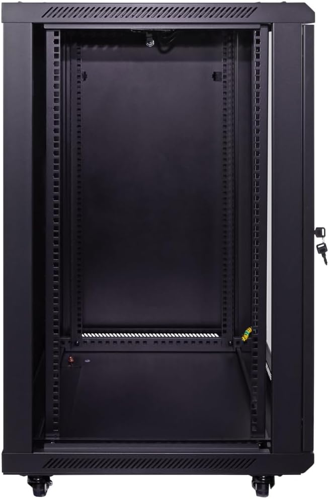NavePoint 18U Server Cabinet Wall Mount Rack Enclosure with Caster Wheels, 2 Fans, Locking Glass Door, Removable Side Panels – 18U Network Cabinet 23.6” Deep, 19” Server Rack for IT Equipment