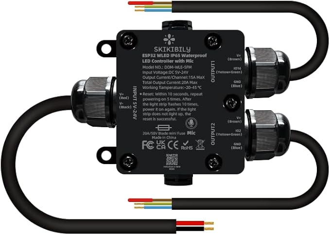 Skikibily ESP32 WLED LED Controller with Mic for Music Sync, APP/Web Control, IP65 Waterproof, 5V/12V/24V WS2812B SK6812 WS2811 RGBIC Addressable LED Strip Lights, 20A Output Fuse Protection