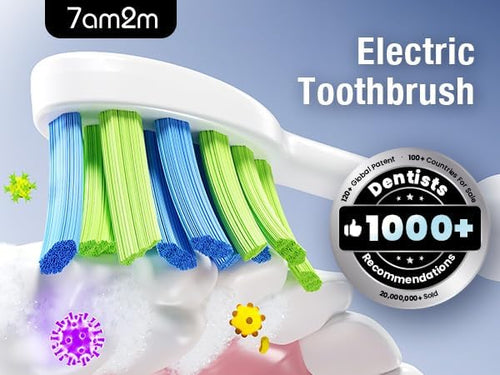 7AM2M Ultrasonic Pink Electric Toothbrush with 6 Brush Heads for Adults&Kids, Type C Rechargeable, One Charge for 120 Days, 5 Modes&40000VPM Powered Toothbrush, 2 Minutes Built in Smart Timer (Pink)