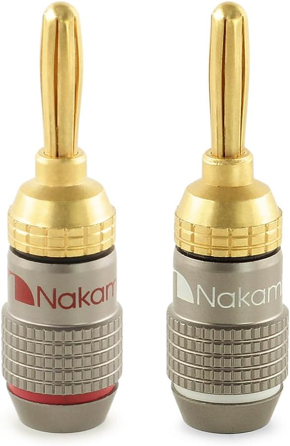 Nakamichi FanLock Excel Series 24k Gold Plated Banana Plugs 10 AWG - 18 AWG Gauge Size 4mm for Speakers Amplifier Hi-Fi Stereo Home Theatre Radio Audio Wire Cable Quick Connector 2 Pcs (1-Pair)