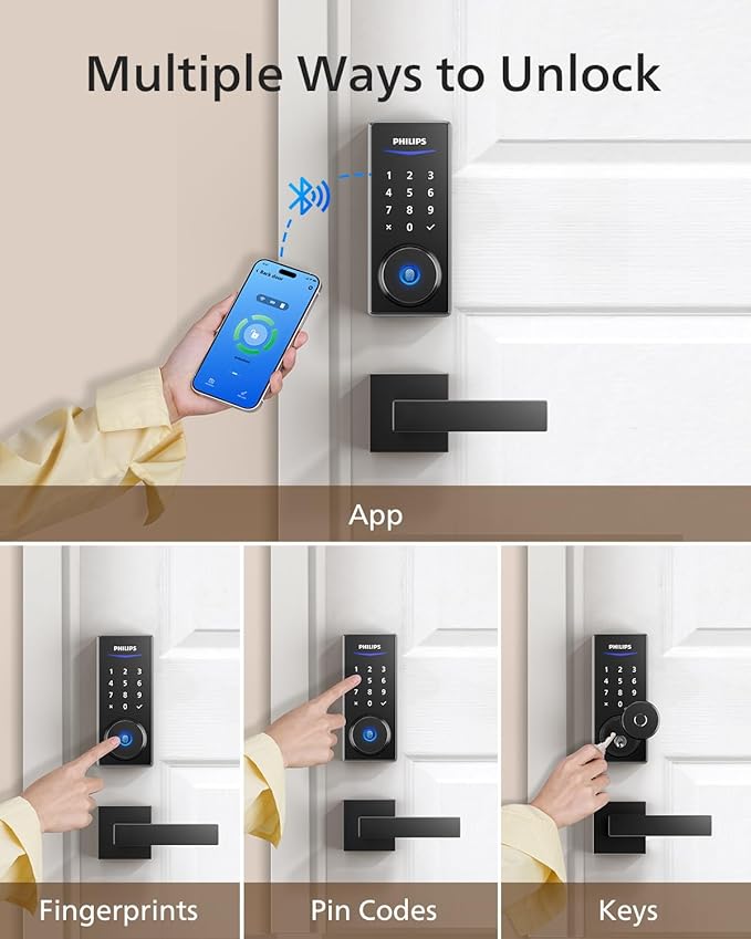 Philips Smart Lock with Handles, Keyless Entry Door Lock Set, Smart Door Lock with 2 Level Handles, Digital Keypad Deadbolt for Front Door, App Fingerprint PIN Code Unlocking, Auto Locking