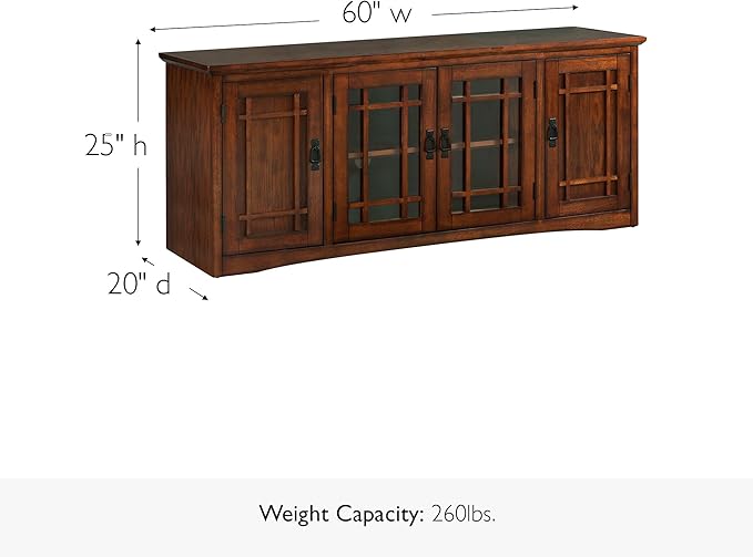 Leick Home 82360 Solid Wood Mission Oak Four Door TV Stand For 65" TVs Universal TV Console Living Room Storage Shelves Entertainment Center, Mission Oak