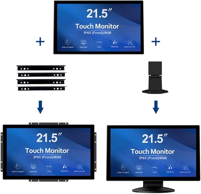 GreenTouch 21.5 inch 10 Points Touch Front IK08/IP65 Open Frame Touch Monitor Desktop or Wall Mountable Multi Point Touch 1920x1080