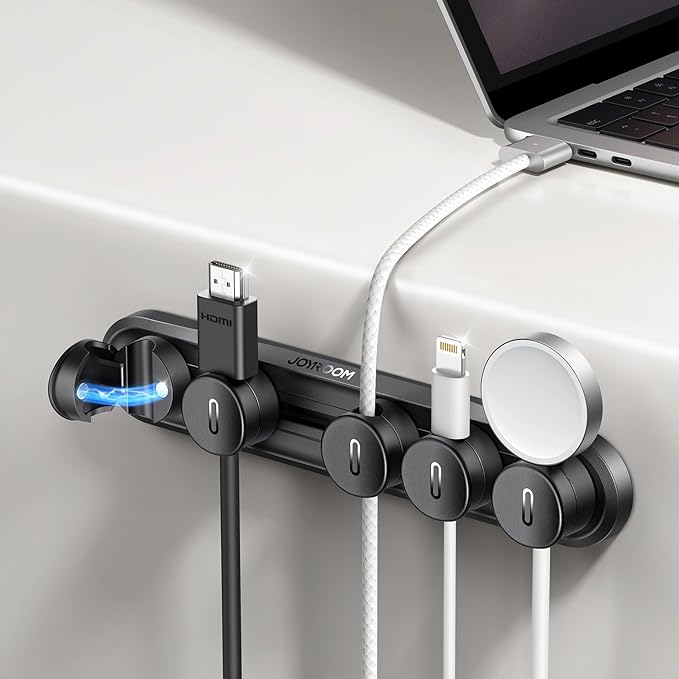 5-in-1 Magnetic Cord Organizer JOYROOM Cable Clips[Adjustable Sliding Track] Under Desk Adhesive Cord Management Wire Keeper for Computer Phone, Office Workspaces Table Organization Home Accessories