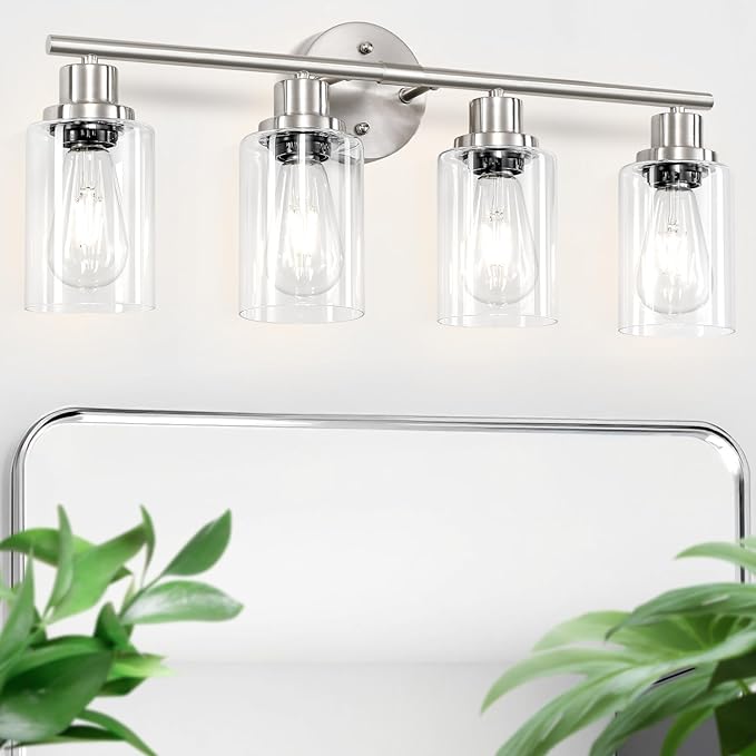 Guliaofo 4-Light Nickel Bathroom Light Fixtures, E26 Modern Vanity Lights for Bathroom with Clear Glass Shade, Wall Lamps for Mirror Hallway Kitchen Cabinet Living Room Sconces Lights