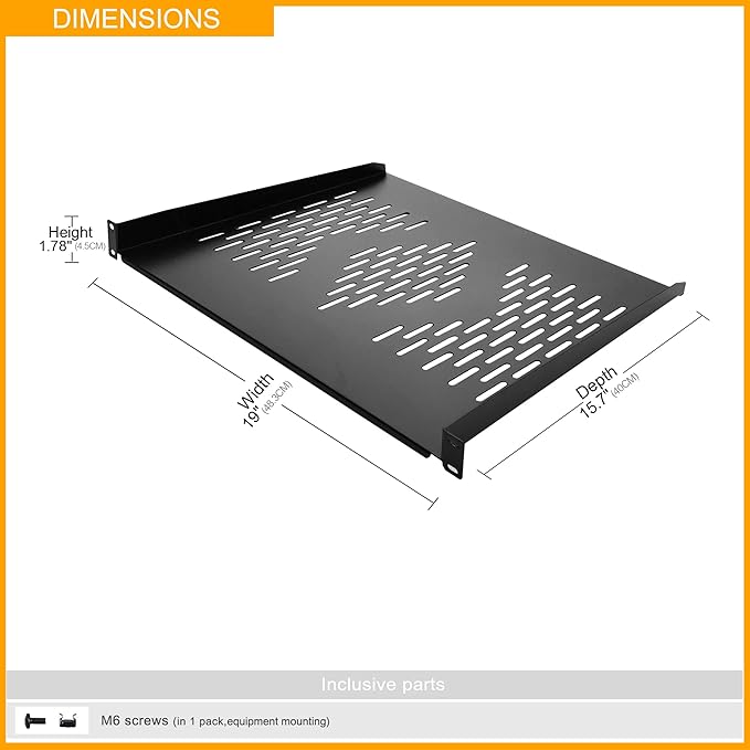 RIVECO 2 PCS 1U Server Rack Shelf 19” Rack-Mount Trays 16 Inches Vented Cantilevers for Server & Network Equipment Mounting, (40 CM) Depth, Black