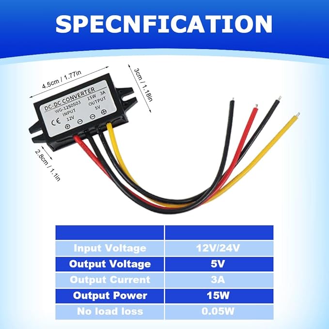 2Pcs DC 12/24V to 5V Converter 3A 15W,Step Down Converter,Voltage Reducer IP68 Waterproof Power Converters