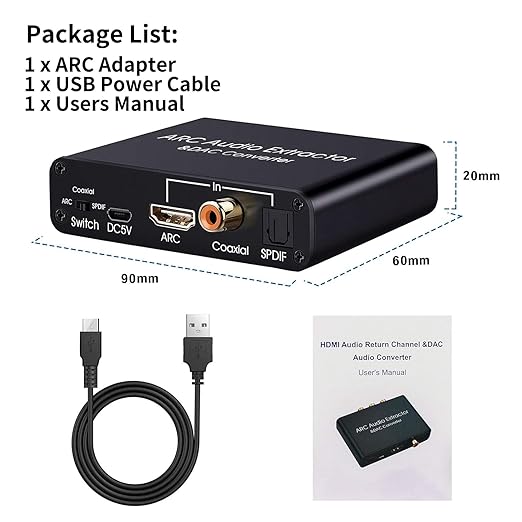 HDMI ARC Audio Extractor 192KHz Digital to Analog Audio Converter HDMI ARC Input SPDIF Optical to 3.5mm RCA Converter Optical Coaxial Stereo Adapter with 3 Mode Switch
