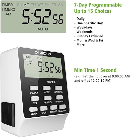 [2 Pack] Outlet Timer, NEARPOW Dual Digital Light Timer with 2 Independently-Controlled Outlets, 18 ON/Off Programs, 24-Hour and 7-Day Programmable,Indoor Electrical Timer Switch, 3 Prong, 15A/1800W