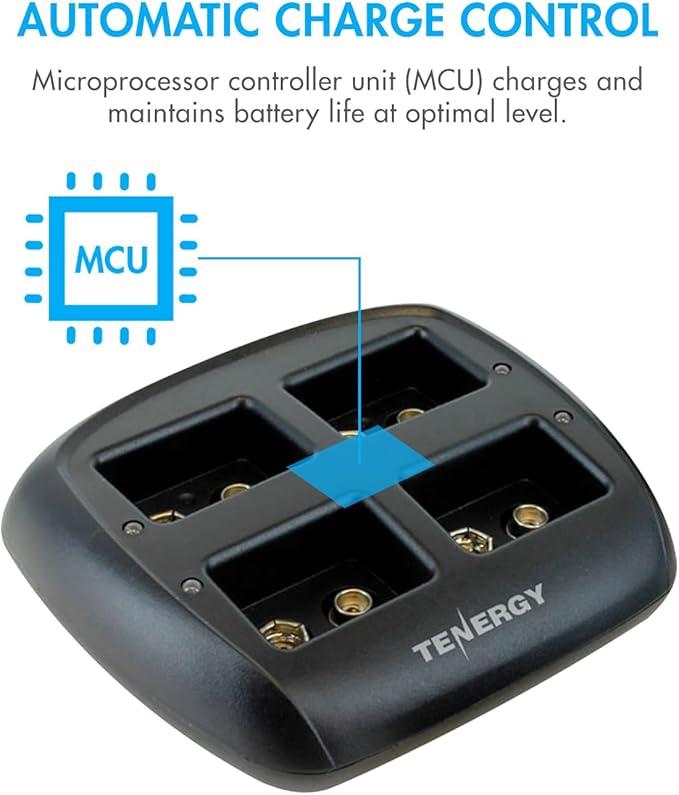 Tenergy TN294 4 Bay 9V Li-ion Battery Charger and 8 Pack 9V 600mAh Li-ion Rechargeable Battery