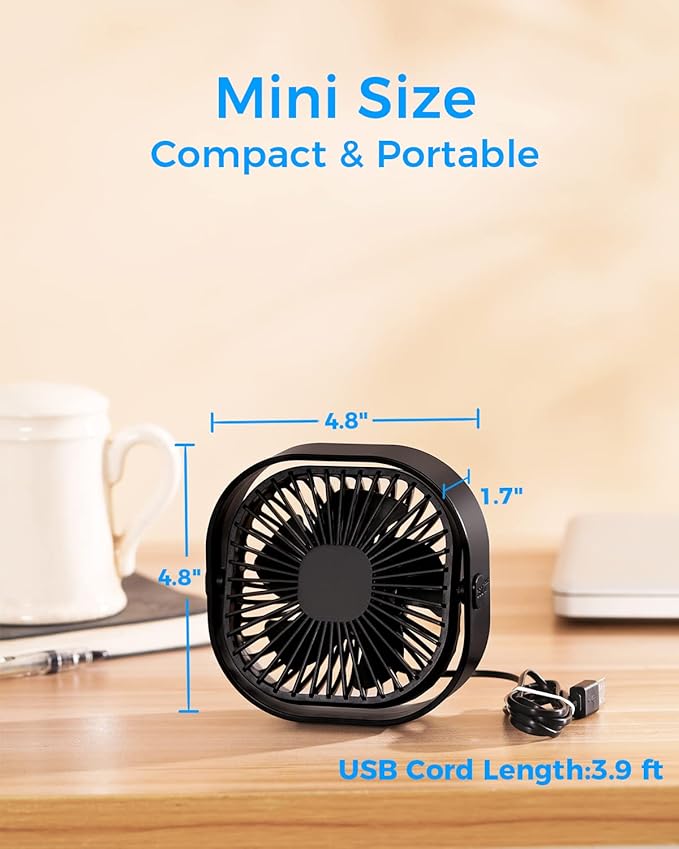 RJVW 4 Inch Small USB Desk Fan, 3-Speed Portable & 360°Rotatable Mini Cooling Fan, USB-Powered Desktop Fan for Home Office Bedroom Dorm Indoor Outdoor Summer Gift