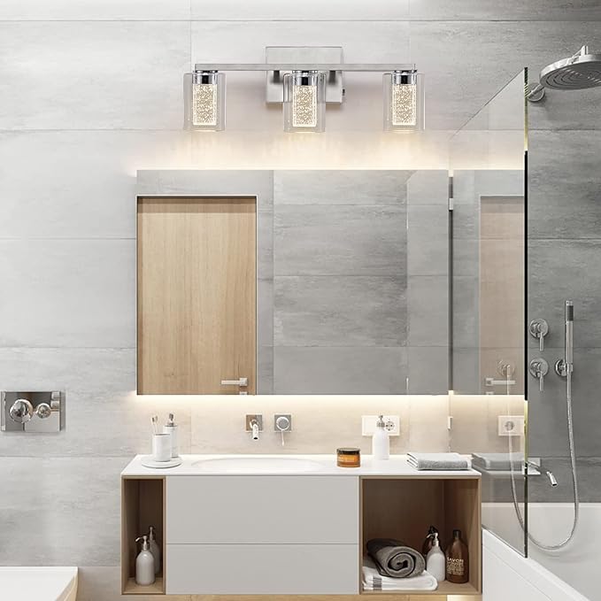 SADENICEL Brushed Nickel Vanity Lights, 3-Light Bathroom Light Fixtures, Crystal LED Bathroom Lights Dimmable White/Neutral/Warm Light with Clear Glass Shade for Bathroom Bedroom Hallway Lighting