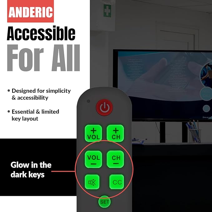 Anderic RR1004 Big Button TV Remote Control – Senior Friendly, Easy-to-use with Glow Keys, Simple Layout – Ideal for Elderly Care & Assisted Living – Compatible with Most IR TVs - White - 1 Pack