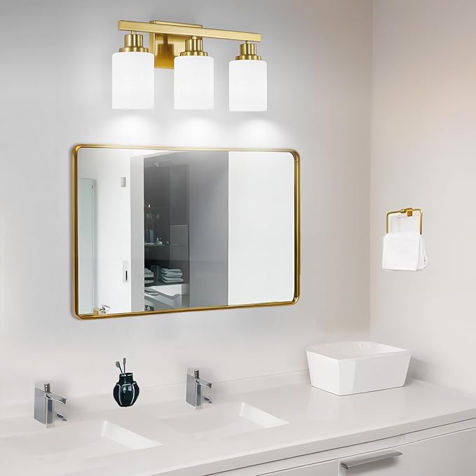 DIKAIDA 3-Light Gold Bathroom Light Fixtures, Modern Vanity Light with Milky White Glass Shade, Gold Wall Lamp Sconces for Mirror, Bedroom, Living Room, Hallway