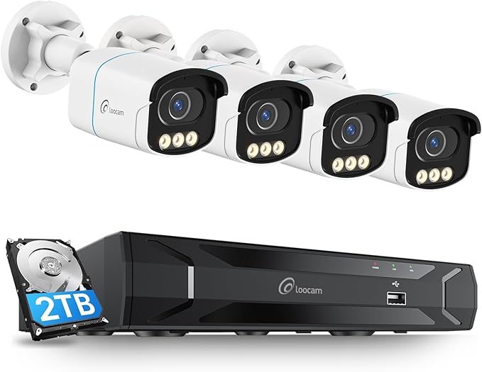 Loocam 8CH 4K POE Security Camera System with 2TB HDD | 4X 8MP Wired Camera. True Full-Color Night Vision & AI Human/Vehicle Detection | Plug & Play, Two-Way Talk, Weatherproof for 24/7 Recording