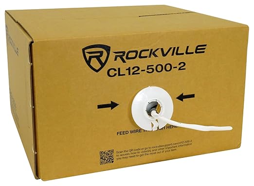 Rockville CL12-500-2 12 AWG 500ft Speaker Wire In Wall Ceiling, CL2 Rated, 70V 100V Compatible, Oxygen-Free Copper, for Home Theater and Commercial Audio