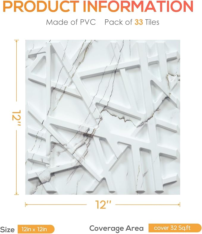 LEVOWAY 33 Pack 3D Wall Panels for Interior Wall Decor, 12''x12'' White Marble Accent Textured Wall Panels for Living Room, Gaming Room, TV Background, Cover 32 Sq.Ft