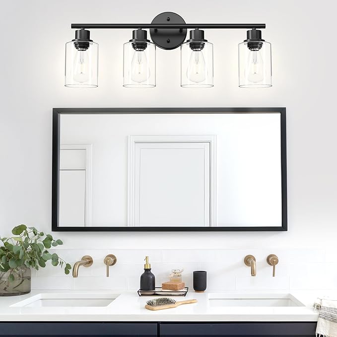 Guliaofo 4-Light Black Bathroom Light Fixtures, E26 Modern Vanity Lights for Bathroom with Clear Glass Shade, Wall Lamps for Mirror Hallway Kitchen Cabinet Living Room Sconces Lights