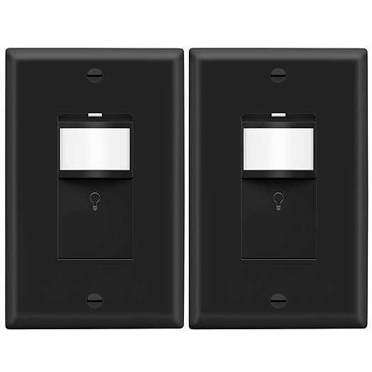 LIDER Motion Sensor Switch with Wall Plate, UL Listed, PIR Sensor Switch, Occupancy/Vacancy, No Neutral Required, Ground Wire Required, 1-Pole, Modern Smart Home, Black, Wall Plate Included, 2 Pack