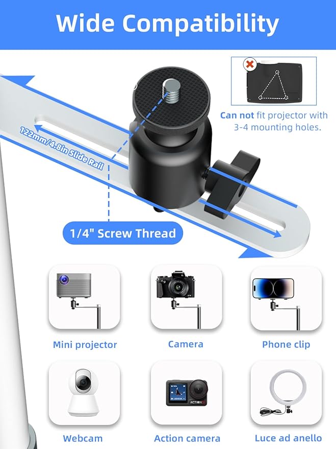 suptek Height Adjustable Projector Stand Against Wall Hidden Stand, 360°Swivel, Universal Projector Mount Bracket, Compatible with Home Office Video Vlog DVR Camera, Upgraded Large Ball Head, PR007FPW