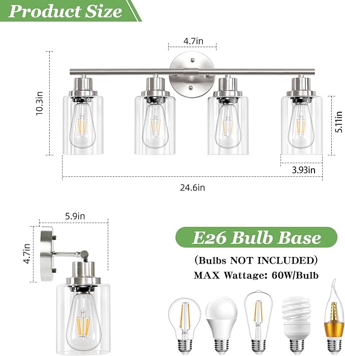 Guliaofo 4-Light Nickel Bathroom Light Fixtures, E26 Modern Vanity Lights for Bathroom with Clear Glass Shade, Wall Lamps for Mirror Hallway Kitchen Cabinet Living Room Sconces Lights