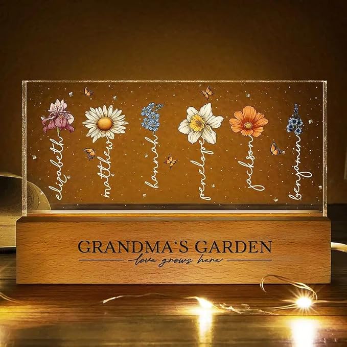 Peties.com Personalized Rectangle LED Light - Birthday Keepsake, Family Home Décor, Meaningful Gift for Grandma, Mother’s Day or Christmas Gift - Grandma's Garden Birth Month Flowers