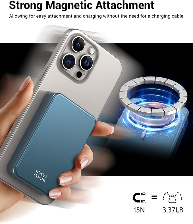 POAQCIF Magnetic Power Bank 26800mAh for Magsafe Portable Charger, Aluminum Alloy Large Capacity 20W USB-C in&Out Wireless Fast Charging for iPhone16 Plus Pro Max/15/14/13/12 Series, Blue