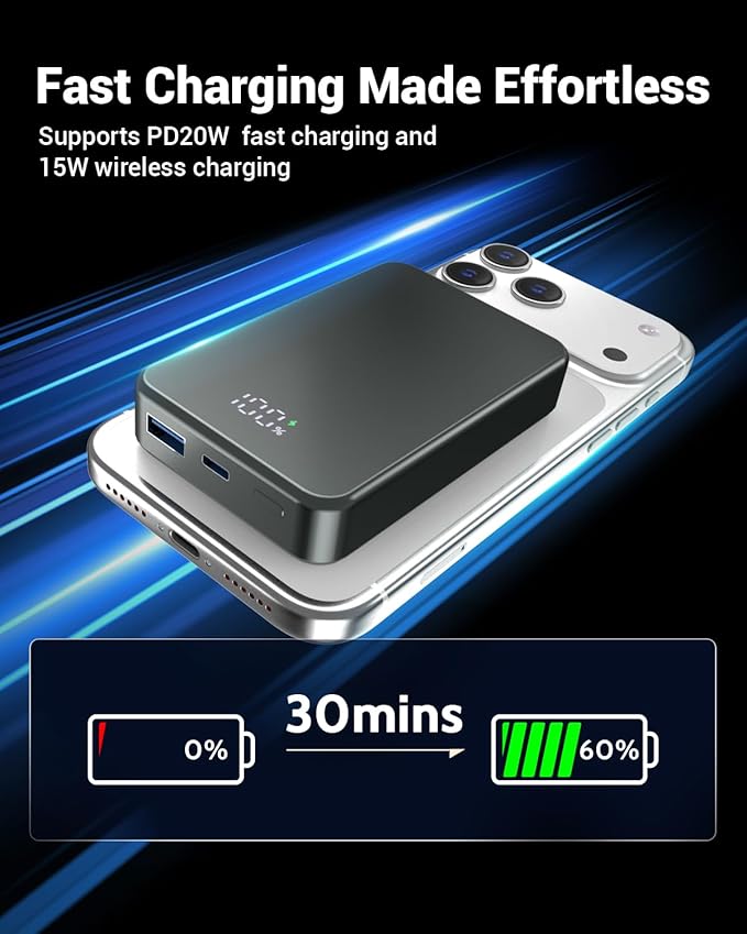 Magnetic Portable Charger for Magsafe Power Bank, 26800mAh 20W PD Large Capacity Aluminum Alloy USB-C in&Out Wireless Fast Charging Battery Pack for iPhone 17Pro Max/16/15/14/13/12 Series, Silver Gray